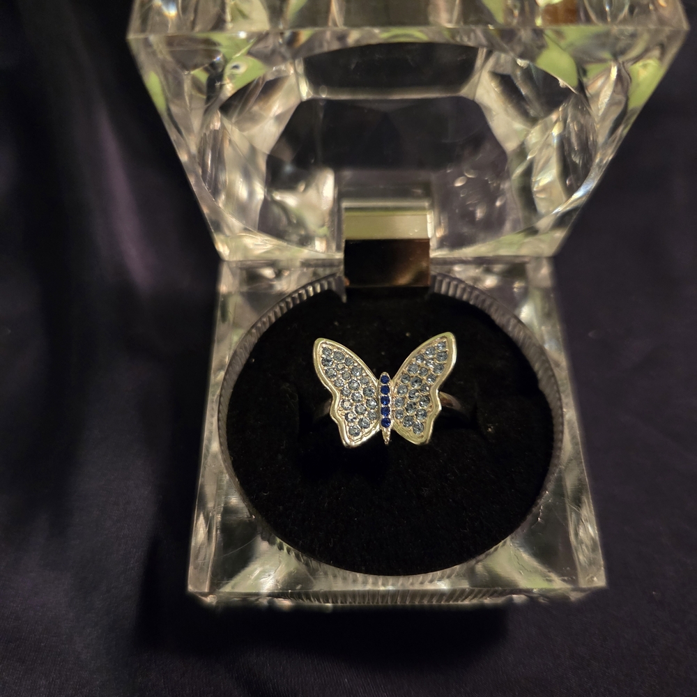 Dainty sterling silver Butterfly Ring with blue crystals